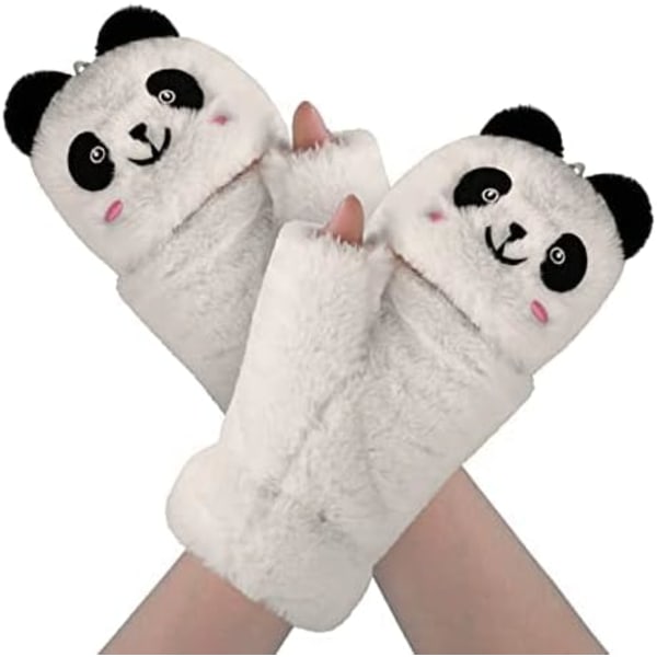Kvinners Vinter Fingerless Votter Jenter Plysj Panda Hansker Pels Varme Halv Finger Konvertible Hansker Hånd Slitasje