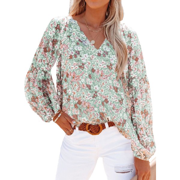 Kvinners Casual Boho Blomstertrykk V-hals Lang Ermet Løs Bluser Skjorter Topper (L)
