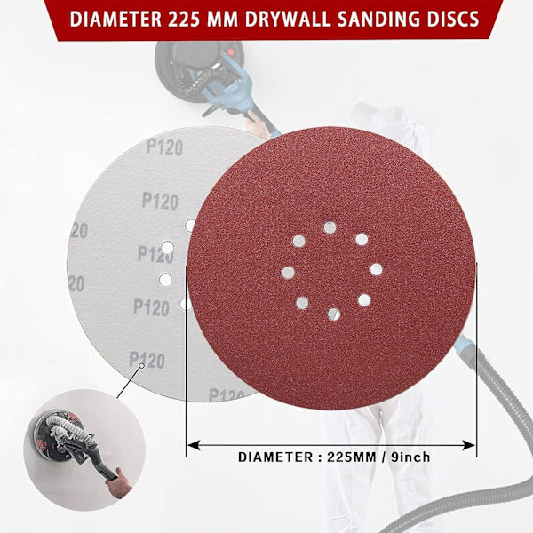 225mm slibeskive, 225mm slibeskive 8 huller 30stk 225mm slibeskiver 10X korn P40 120/240 krog og løkke slibeskiver til langhalsede slibemaskiner, tørre