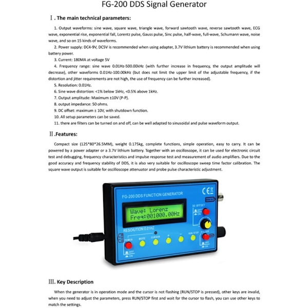 DDS FG -200 funktionssignalgenerator, frekvensräknare 0,01 Hz - 500 kHz Sinussignalkälla + fyrkantsmodul + sågtandsvågform