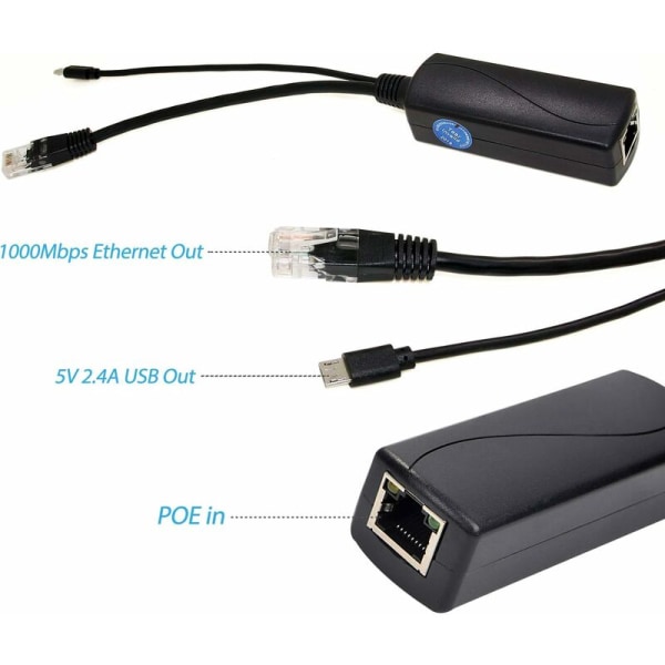 Gigabit Micro USB PoE Splitter Output 5V 2.4A, IEEE 802.3af Standard 10/100 / 1000Mbps Power Over Ethernet Splitter Adapter for Security IP Camera C