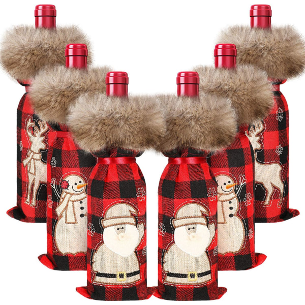 6 stk Christmas Buffalo Plaid Vinflasketrekk Dekorativ Vin Bo