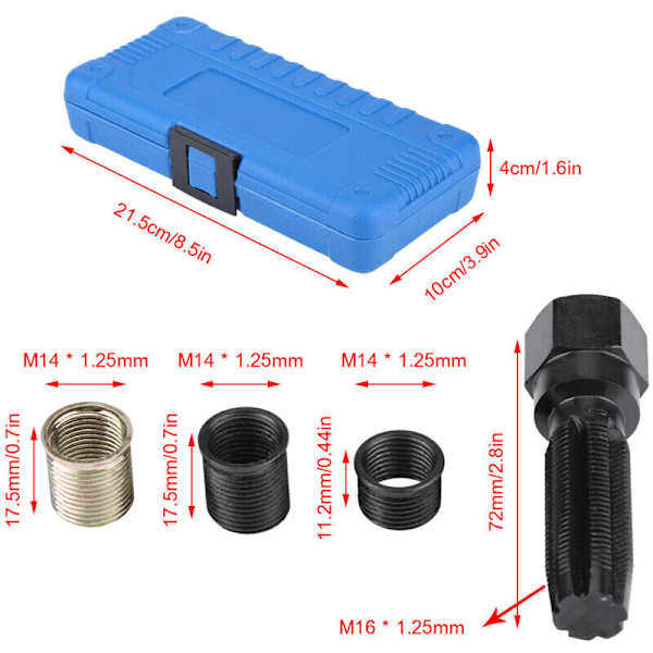16 stk. Tændrørsgevind Reparationsværktøjssæt, Gevindstørrelse M14 x 1,25 mm, Tapstørrelse M16 x 1,25 mm, med Bærbar Kasse