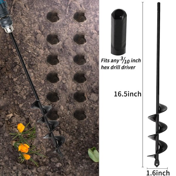 Istutusruuvi 1,6x16,5 tuumaa pidennetty puutarharuuviterä sipulien ja kukkien istutukseen, istutusruuvi 3/8 tuuman kuusikulmaiselle ruuviporalle