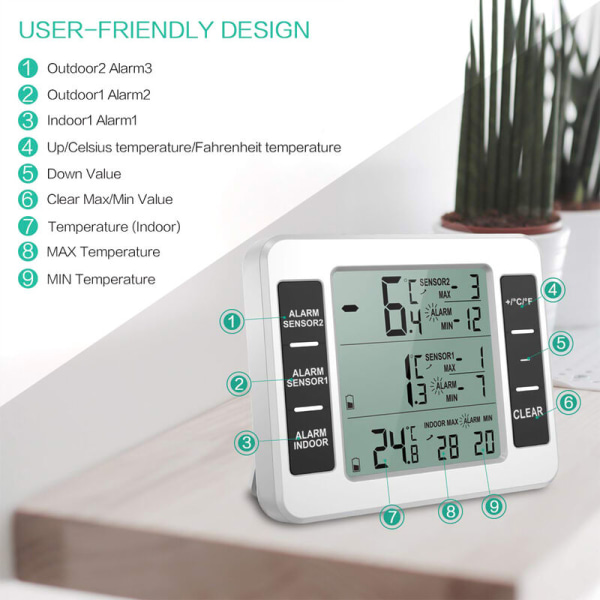 Uppgraderad version kylskåpstermometer trådlös digital frys termometer digital sensor med 2PCS sensorer temperaturmonitor och ljudlarm