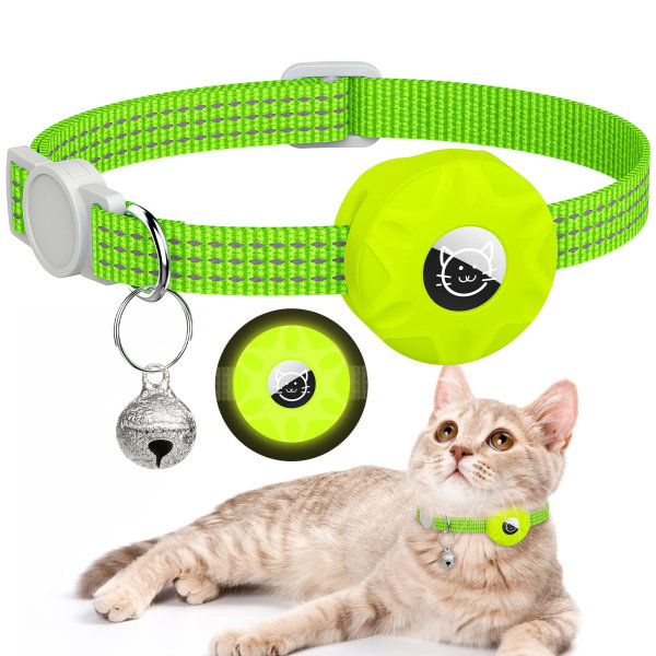 AirTag katthalsband, reflekterande katthalsband, avtagbart Apple Air Tag katthalsband, GPS-katthalsband med AirTag hållare och klocka (orange) (lysande gult)