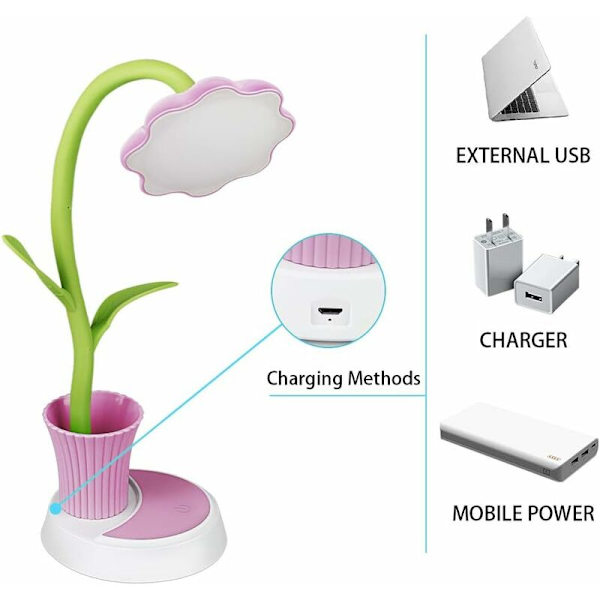 Barnbordslampa, USB-uppladdningsbar bordslampa, sänglampa för sovrumskontor (rosa)