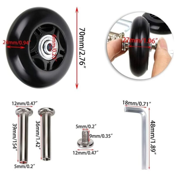 2-pack Ersättningshjul för Resväska, Reparationskit för Resväskehjul, Axelnycklar och Skruvar för Rullväska, Inlines och Skateboard, 70 x 24 mm