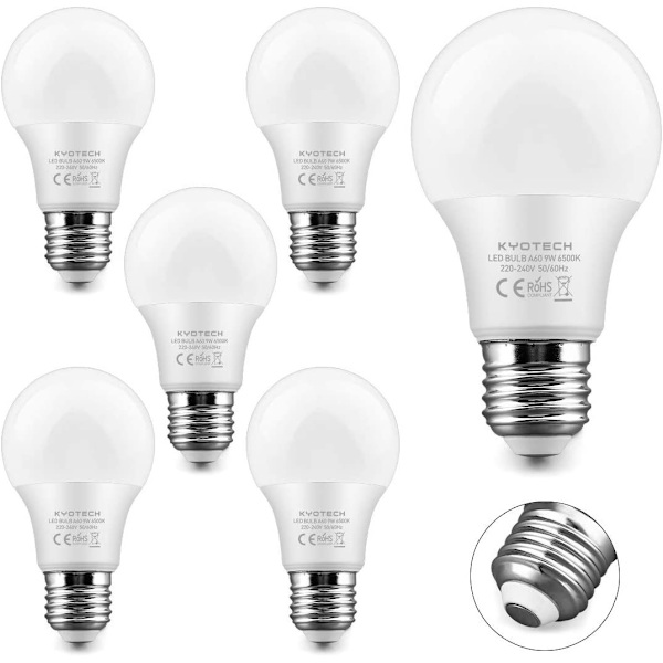 Set med 6 standard LED-lampor E27-sockel 9W motsvarande 75W kallvitt 6500K 780LM, A60 LED-lampa klassisk form 220° vinkel