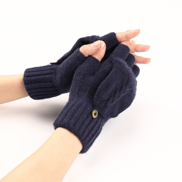 Flip korte ullfingerløse hansker for kvinner, varme og fasjonable strikkede halvfingerermer (marineblå)