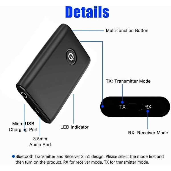 Bluetooth 5.0 transmitter, 2 i 1 trådløs 3,5 mm adapter, adapter transmitter og receiver, 2 i 1 adapter, 3,5 mm Jack Aptx og USB,