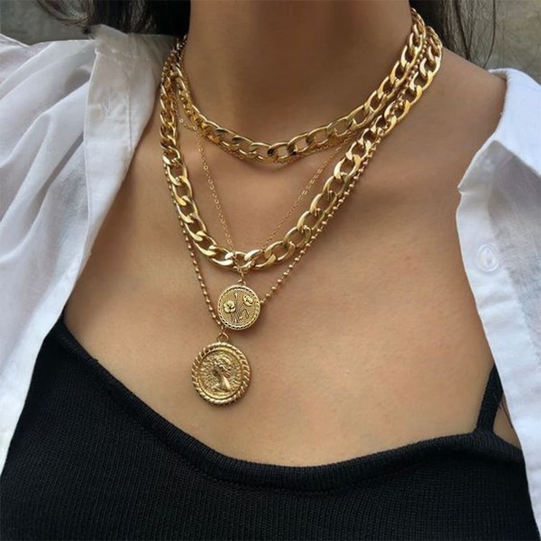 Guldfärgade lagerhalsband för kvinnor Trendigt retro myntberlock Guld halsband Spinkig chunky länkkedja Choker halsband för flickor Smycken Födelsedagspresenter