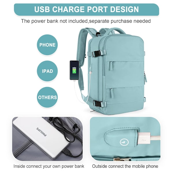 Til håndbagage, vandrerygsæk, casual rygsæk med USB-opladningsport, skorum, blå