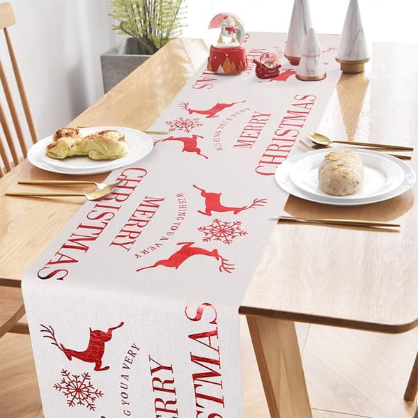 Jultomte tryckt bomull linne duk Jul bordslöpare rektangulär bordslöpare duk dekorationer（Beige älg）