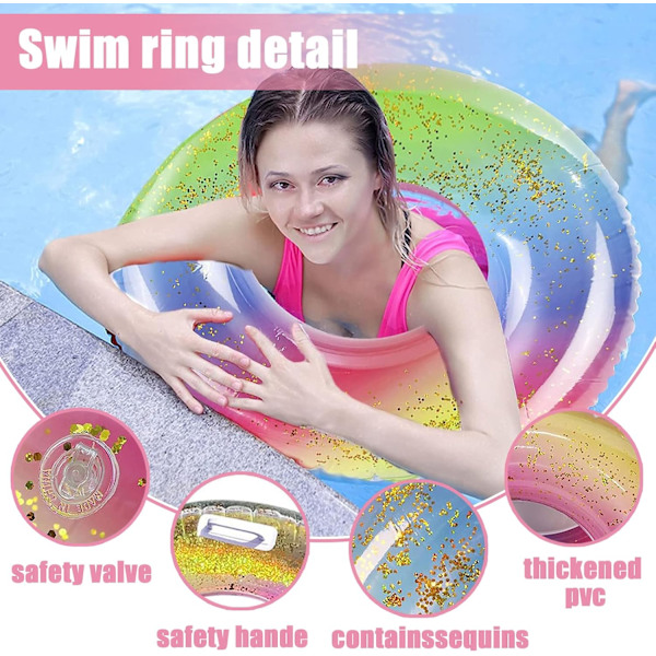 Uppblåsbar Badring, Glittrande Regnbågsuppblåsbar Boj, Badring för Vuxna, Flytande Badring, Badringar för Sommarpoolparty 90CM