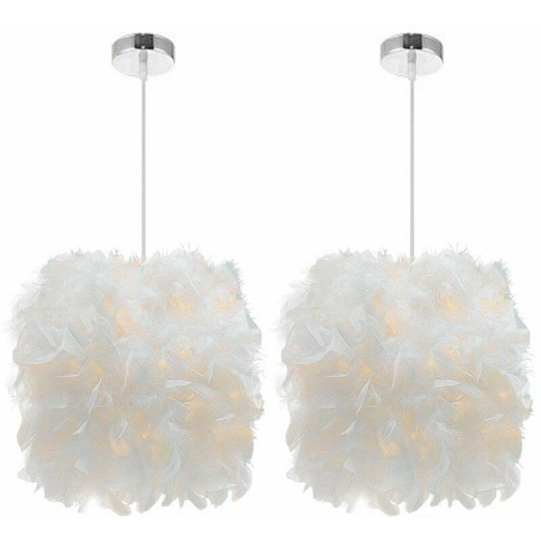 Set med 2 vita fjäderlampor 22 cm Kronljuspendel Lampskärm E27 Taklampa för sovrum, vardagsrum, matsal, restaurang, inredning