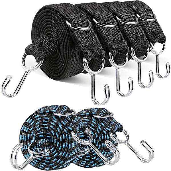 6 kpl:n joustava bungee-narusetti koukuilla, 4 kpl 2 m:n ylimääräisen pitkää joustavaa hihnaa ja 2 kpl 1 m:n sinistä joustavaa narua, 200 x 3 cm, 100 x 3 cm