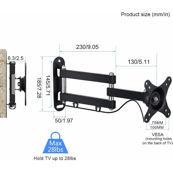 Väggfäste för TV, monitor och platt/böjd TV 10-32 tum, 360° rotation, 15° lutning, VESA 75x75 / 100x100mm upp till 15 kg