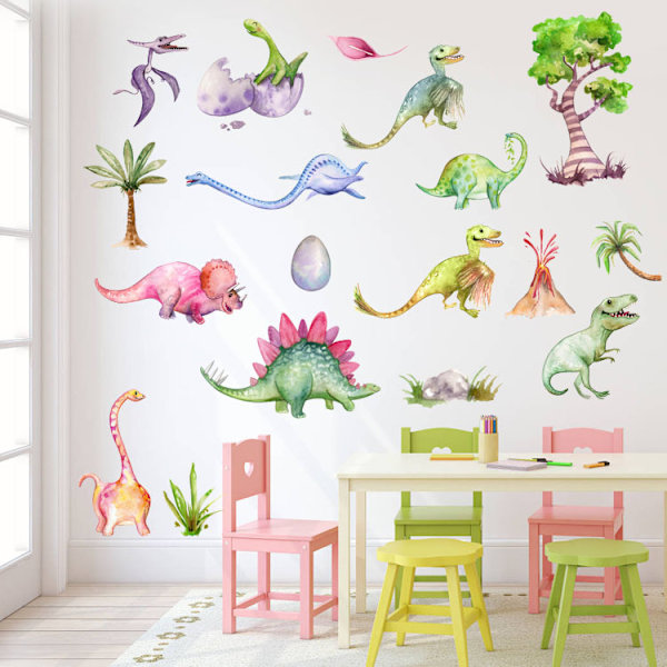 Vattenfärgs-Dinosaurie Väggdekaler, Skala och Klistra Färgglada Väggkonst Mural för Barnens Sovrum, Barnrum, Klassrum & Mer