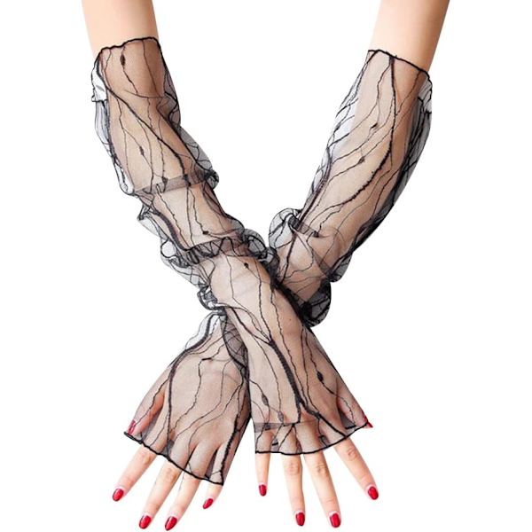 Svart blixt - Dam långa spets handskar, bröllopshandskar fingerlösa spets handskar, långa afton opera handskar bröllop armbågshandskar balhandskar