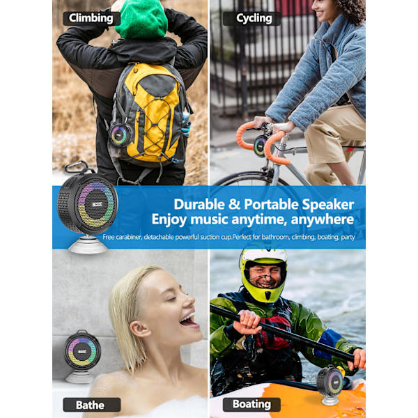 IPX7 Vandtæt Højttaler, Bluetooth Brusebadshøjttaler med Sugekop, RGB Lys, Udendørs 360° Surround Sound Rich Bass, Strand/Pool Mini Højttaler