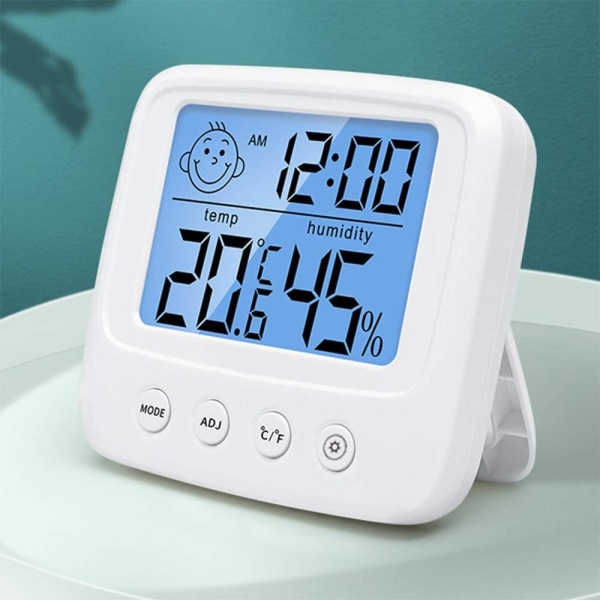 Digitalt hygrometer, rumtermometer, rumtermometer og hygrometer med temperatur- og fugtighedsovervågning, baggrundsbelysning, ur og ℃/℉-funktion