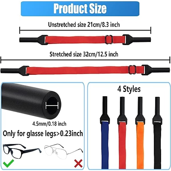 4-pack justerbara glasögonband, glasögonhållare, universellt band för solglasögon, glasögonhållare runt halsen, glasögonband
