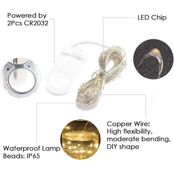 LED ljusslinga - 10-pack 2m 20 LED koppartråd, lätt och fin ljusslinga, bord, utomhus interiör, helgdag, fest, jul (varmvit)