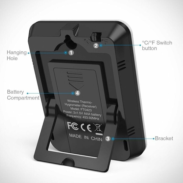 Indendørs og udendørs termometer, forbundet termometer med trådløs udendørs sensor, digitalt termometer hygrometer med stort LCD-display, ℃/℉ kontakt,