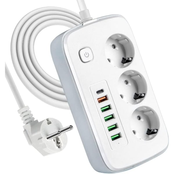 Grenuttag med USB, 3-vägs grenuttag med 5 USB-uttag och 1 USB C-skrivbordsuttag med strömbrytare, 2 meter förlängningssladd, adapter, po