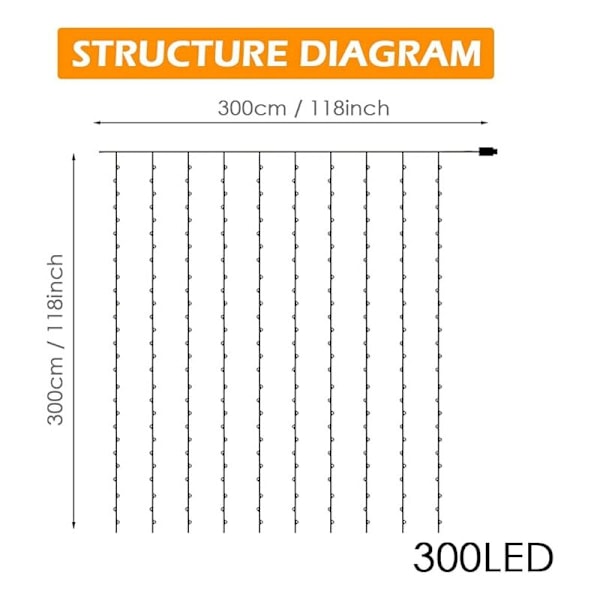 Valosarja, 3m 300 LED valoverho, 8 valaistustilaa LED LED LED Sisä- ja ulkokäyttöön, Hääkoriste, Ulko- ja sisäkäyttöön Joulukuusi