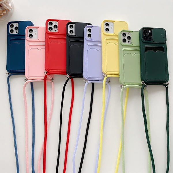 iPhone 13 Fodral med Halsbandssnöre, Skyddande Kameraglidfodral för iPhone 13 Silikon TPU Stötfångarfodral med Plats för Kortfodral för iPhone 13