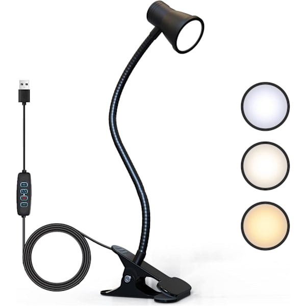 Klippbar lampa USB-läslampa Ögonskydd Klippbar lampa Flexibel svanhals Dimbar läslampa Klippbar lampa för sänggavel Skrivbord Sängbord (Svart)