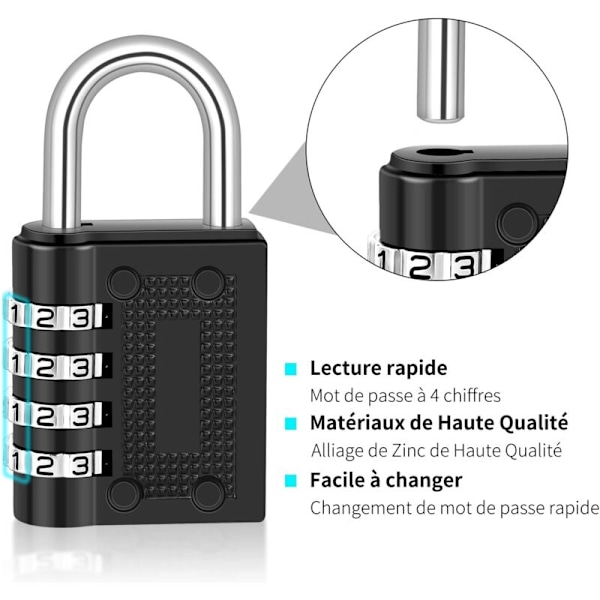 Set med 2 hänglås 4-siffrig kod, Cadenas med kombination zinklegering Cadenas Kod för resväska för college gym flygplan (svart)