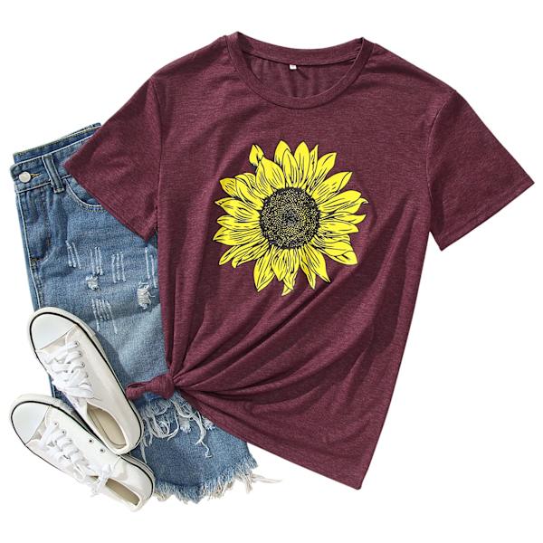 Kvinners sommer solsikke T-skjorte søt blomst grafisk løs tees mannskap hals kort ermet casual topper(L)