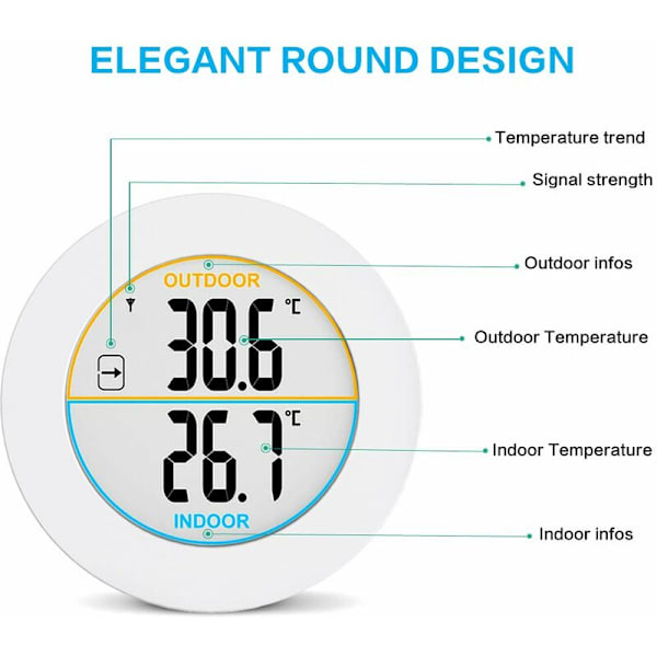 Indendørs og udendørs termometer, digitalt trådløst termometer med probesensorer, HD LCD-display temperaturdetektor, min/maks-hukommelse, trend, ℃/℉