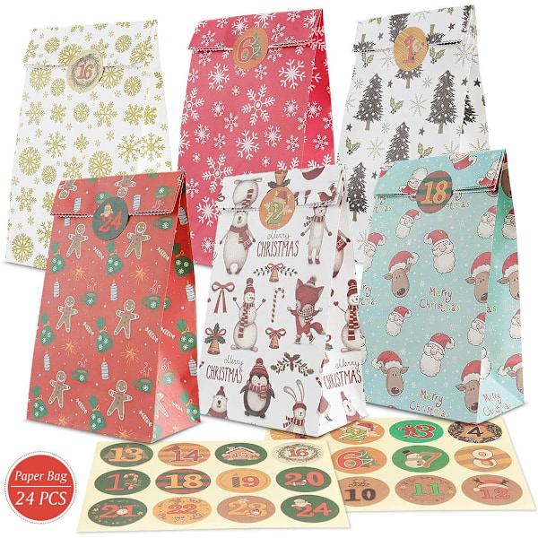 24 stycken presentpåsar, presentpåsar i kraftpapper, julklappspåsar, presentpåsar med klistermärken, julklappspåsar, julklappspåsar i papper och festpresenter