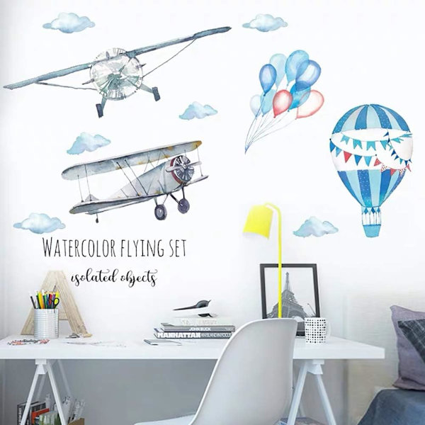 - akvarell veggklistremer gutt FLY og BALLONG blå (50*70 cm) I plakat varmluftsballong skyer dekorative klistremer I veggklistremer for barn