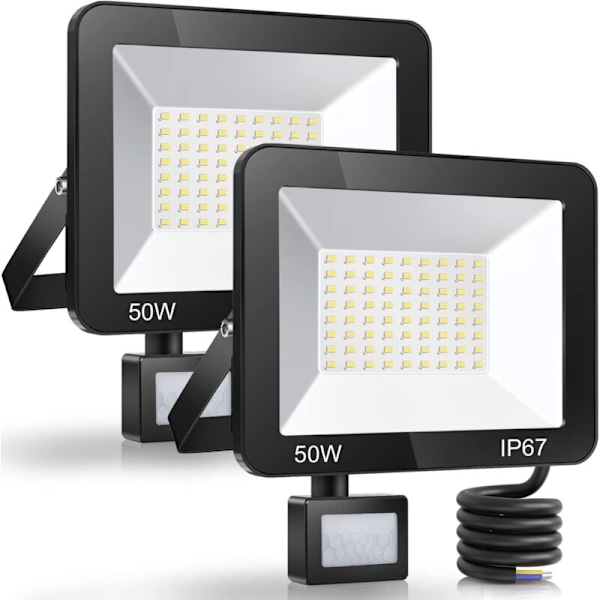 50W LED-strålkastare för utomhusbruk med rörelsedetektor, 2-pack, IP67 vattentät LED-spotlight med detektor, 5000LM 7000K vitt kallt ljus för utomhusbelysning, utomhus