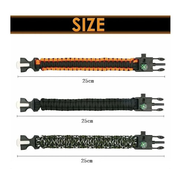 Set med 3 armband i utomhusöverlevnads-paracord för camping, vandring, multifunktionsverktyg, eldstarter, kompass och visselpipa