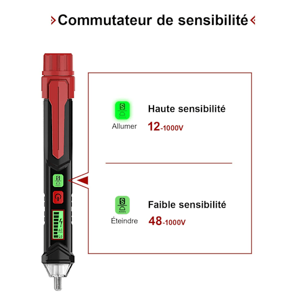 12V/48V-1000V Dobbel følsomhet berøringsfri spenningstester LCD-skjerm Live/Nøytral testlykt Lydalarm