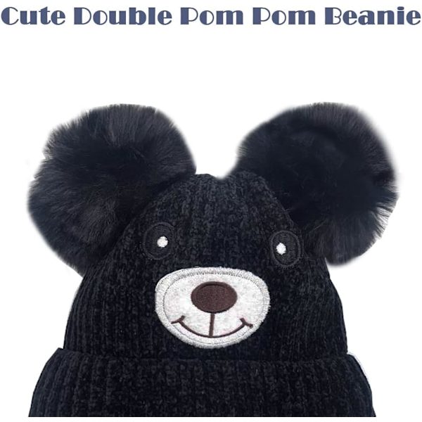 Suloinen karhu lapsille talvi fleece vuorattu neulottu hattu korvaläpät kaksois pom pom pipo korvaläpät kylmä sää lämmin hattu iät 1-5 (musta)
