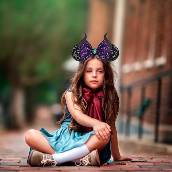 Charms Minnie Ears Bow Headband, Maleficent Ears, Halloween Mickey Ears Headband Glitter Party Princess Decoration Maleficent Costume Cosplay (Malef