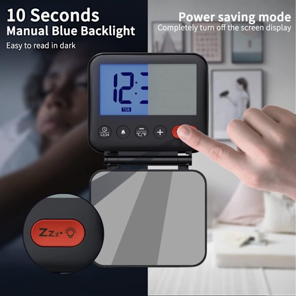 Reseväckarklocka mini digital klocka LCD Bärbar med retro upplyst kalender 12/24h temperatur Sminkspegel Smink Liten hopfällbar kontorsklocka