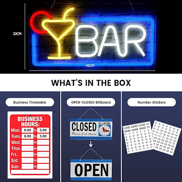 Neon LED Deko, BAR Lysskilt (Blå og Hvid), 42×22×2CM Neon Lysskilt Bar LED Skilt med USB Stik til Bar, Ingen kædeforsendelse Husbar, Klub, Pub, Stor