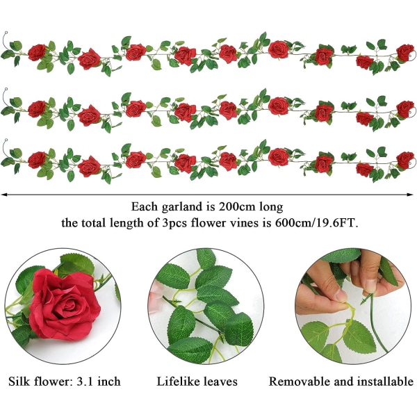 3 kpl Keinotekoisia ruusuköynnöksiä Väärennetyt silkkikukat Ruususeppele riippuvat