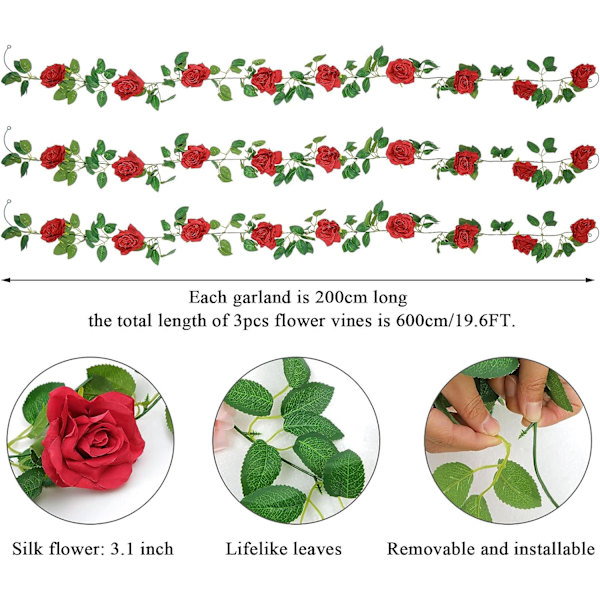 3 stk. kunstige rosenranker falske silkeblomster rosenkrans hængende røde kunstige rosen efeu planter til bryllup hjem