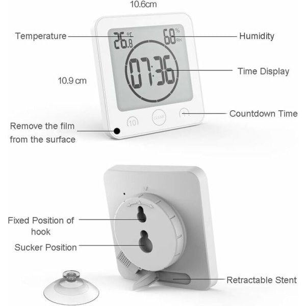 Badklock Timer Vattentät Badrumstermometer Hygrometer Badrumssminkning Kök (Vit)