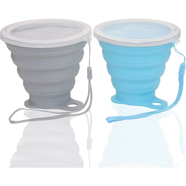 Hopfällbar silikonmugg för campingresor, liten bärbar drickmugg med lock återanvändbar utomhusvandring 270 ml (Blå/Grå, 2-pack)