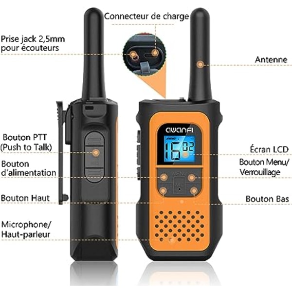 Rechargeable Walkie Talkie Kids Adults 2 Pieces, Long Range Walkie Talkie with 16 Channels 2 Way Radio LCD Display, USB Walkie Talkie with for Adven